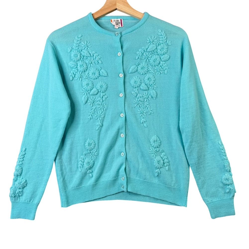 Flair Fashions Vintage Aqua Blue Floral Embroidered Button Up Cardigan Medium